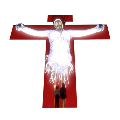 a ghost that's hanging on a cross and two people standing in front who are much smaller
